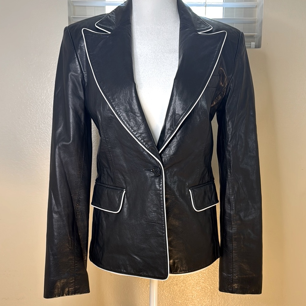 Theory Black Leather Blazer with Structured Fit and White Trim